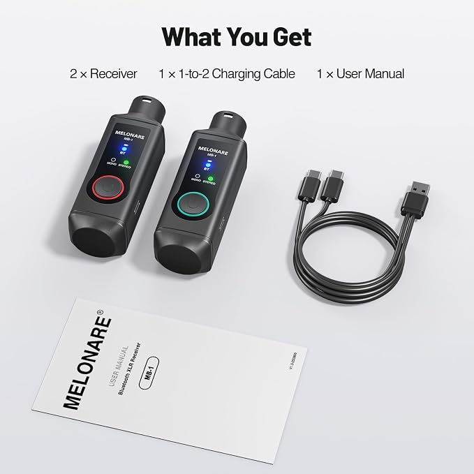 MELONARE MB-1 Wireless XLR Bluetooth Receiver, 15-Hour Battery Life, BT 5.3, High-Fidelity Audio, Mono/Stereo Mode, 150ft Range, Bluetooth Adapter for Speakers, PA Systems, Mixers, DJ Equipment