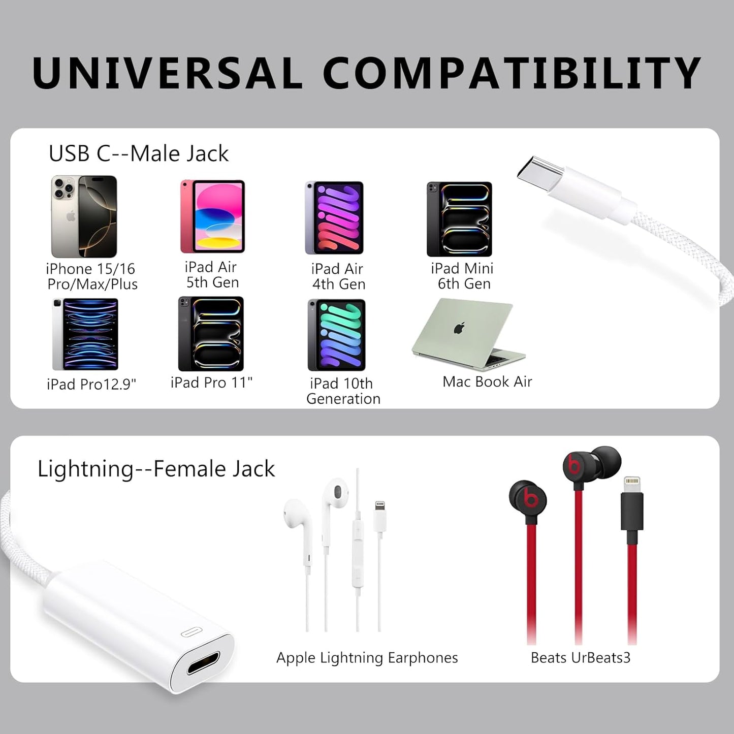 USB C to Lightning Headphone Audio Adapter, Type C Male to Female Lightning Earphone Converter with Charge/Data Transfer, Compatible with iPhone 17/16/15 Plus/Pro/Max, iPad Pro/Air, MacBook(2 Pack)
