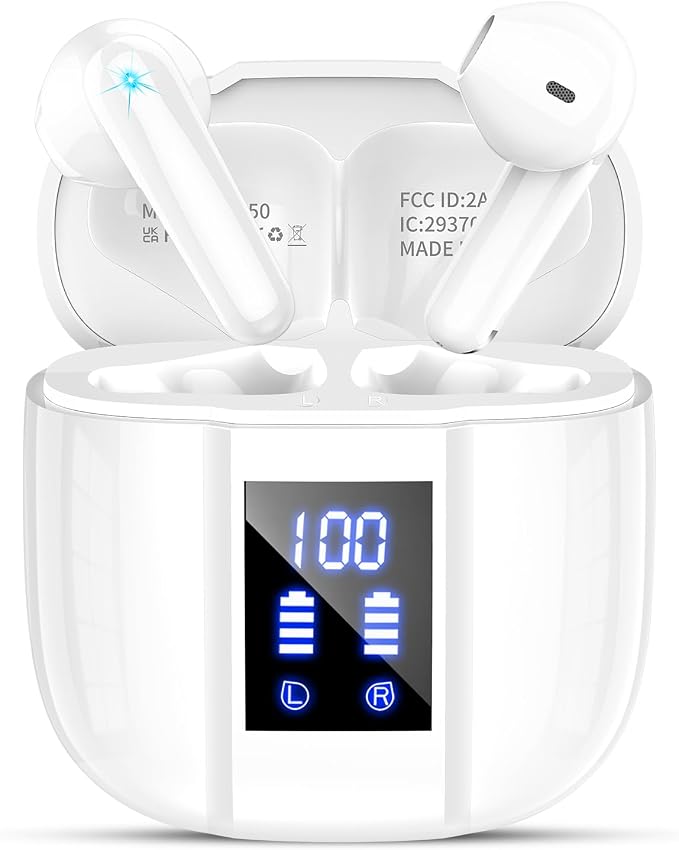 Qecnato Wireless Earbuds, LED Display Earphones with Mic, IP7 Waterproof in Earbud, Comfort Fit, Bluetooth Earbuds for Phone Android iOS, Sport, Walk, White