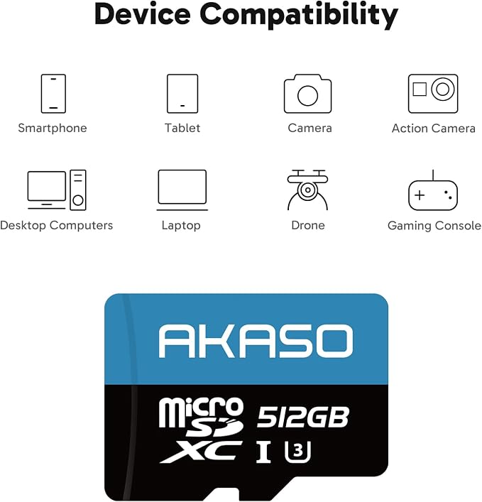 AKASO 512GB microSDXC U3 Memory Card - Up to 100MB/s, UHS-I C10, U3, Full HD, 4K UHD, MicroSD Card
