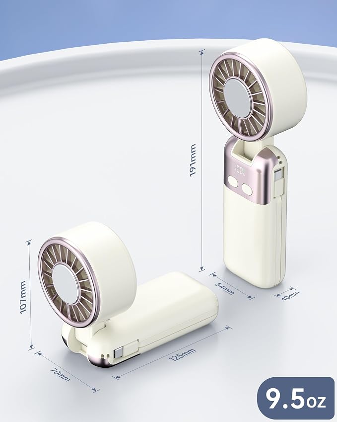 Portable Handheld Personal Fan with USB-C & iOS Cables 5V/2.4A Fast Charging for Cellphone/Tablet, 20H Cooling Time, Foldable Design with Phone Stand for Camping Travel Outdoor (1, Beige)