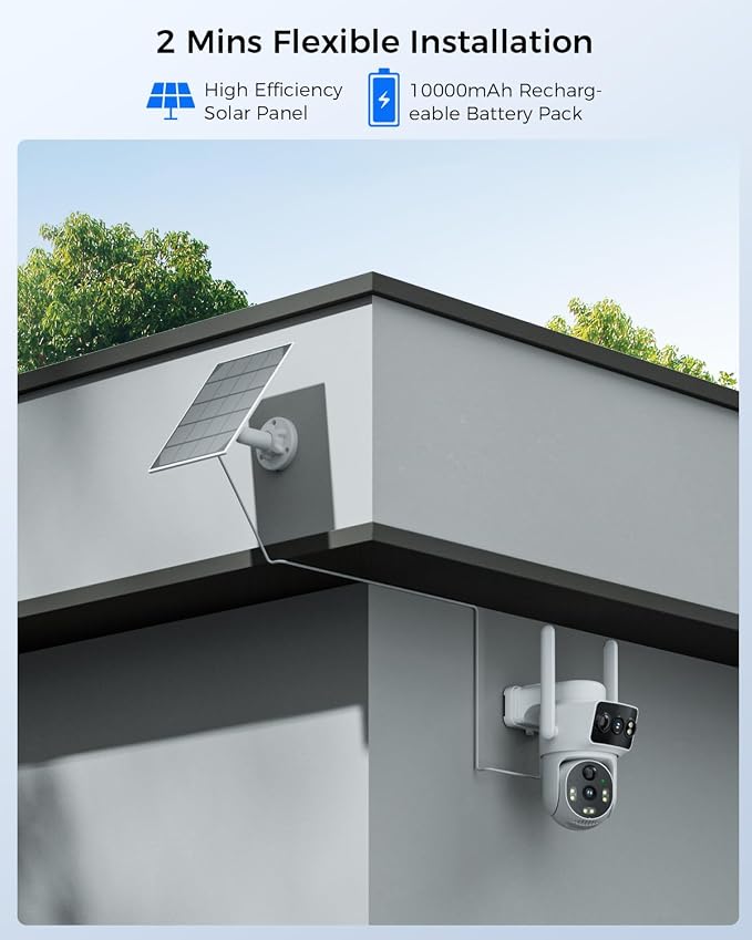 Solar Dual Lens Security Cameras Wireless Outdoor, Work with Home Dual Lens Security Camera System, 2.4G & 5G WiFi 4MP Colorful Night Vision PIR Two-Way Audio PT 360°