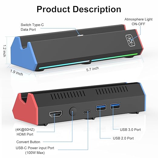 TV Dock Station for Nintendo Switch 2,Portable Charging Stand with 4K HDMI/ 2*USB Port/Type C Port/RGB Led Light -Switch 2 TV Docking Station Only