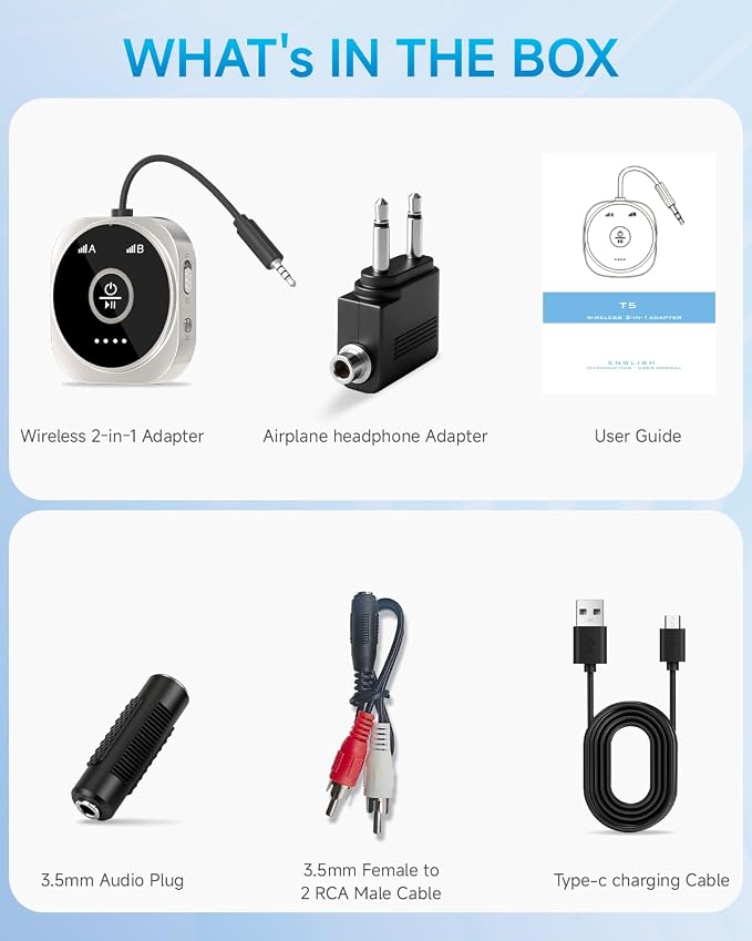 Airplane Bluetooth 5.4 Transmitter Receiver with aptX Low Latency,Supports 2 AirPods or Headphones, 24Hr Playtime, 3.5mm AUX Wireless Audio Adapter for Home Stereo, Travel Flight (Silver)