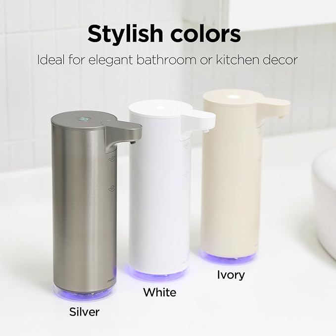 mooas Automatic Foaming Hand Soap Dispenser 2 Set (Ivory & Metal) Stainless Steel Rechargeable 2 Level Adjustable Touchless Soap Dispensers for Kitchen, Bathroom, Commercial 9.4oz Each