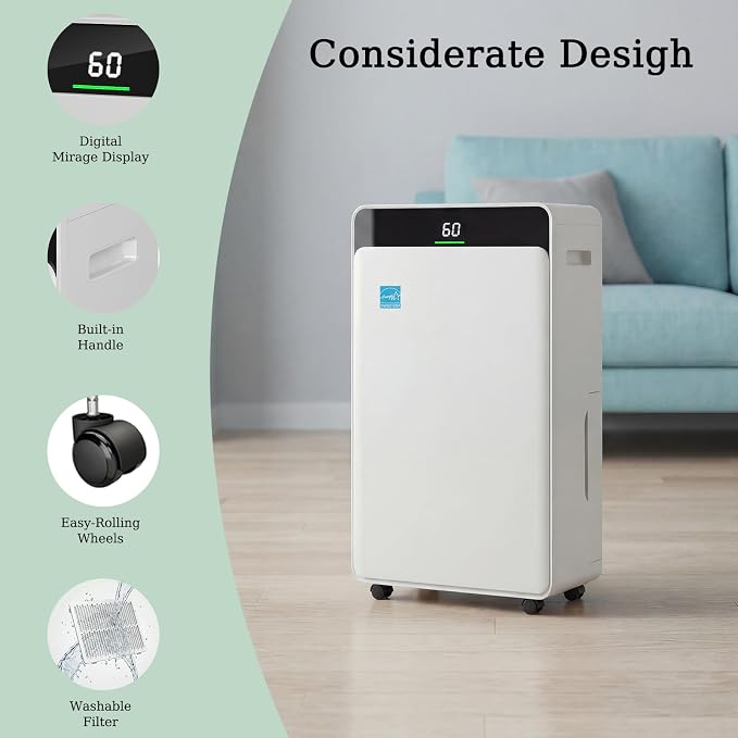 2026 Upgraded ENERGY STAR Dehumidifier, 80 Pint/Day, 5000 Sq.Ft for Whole Home & Basement, 1.72 Gal Tank, 35dB Quiet, Child Lock, Sleep/Fan/Dry Modes, 24H Timer & Auto Continuous Drain | 5000 Sq.Ft dehumidification area.1.72 Gal Tank, 35dB Quiet,Child ...