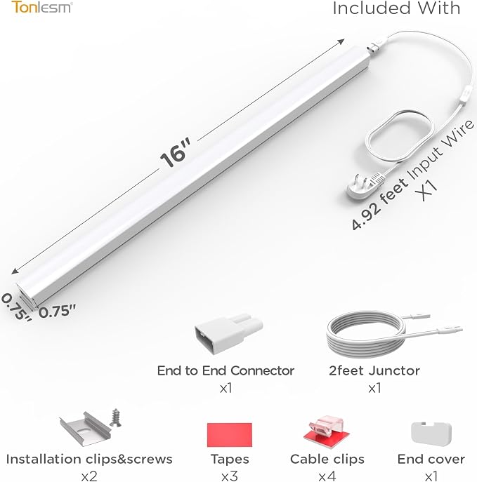 Under Cabinet Lighting Plug in 16in 1Pack AC120V 3CCT 3000/4000/5000K, Super Bright,Linkable Under Counter Lights for Kitchen, Ultra Slim LED Cabinet Light,ETL White