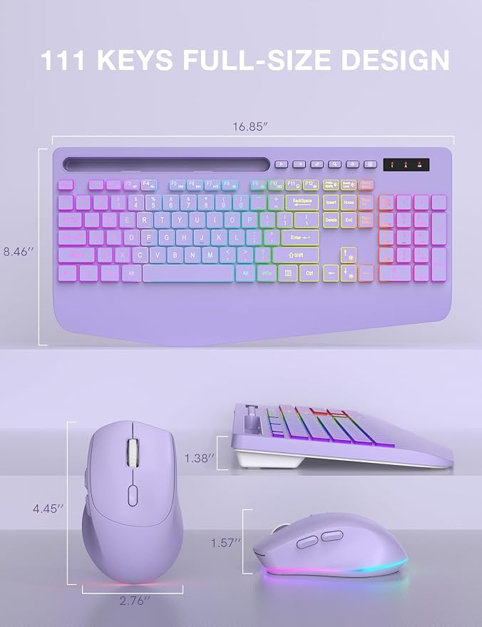 SABLUTE Wireless Keyboard and Mouse Combo, 9 Backlit Effects, Wrist Rest, Phone Holder, 2.4G Lag-Free Ergonomic Keyboards, KM22 MAX Rechargeable Silent Set for Computer, Laptop, Mac, Windows(Purple)