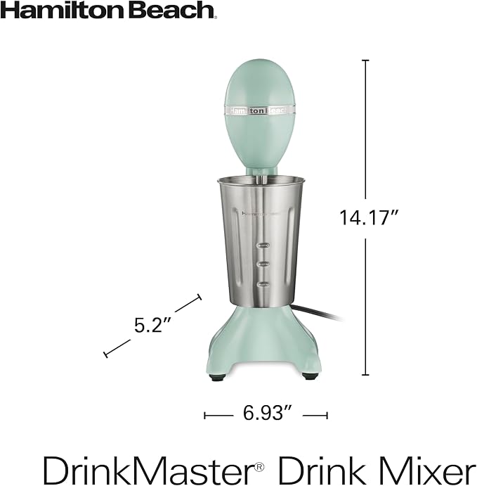 Hamilton Beach DrinkMaster Electric Drink Mixer, Retro Milkshake Maker & Milk Frother, 2 Speeds, Extra-Large 28 oz. Stainless Steel Cup, Mint