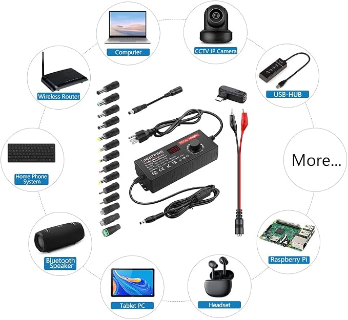 SHNITPWR 120W Universal Power Supply Adapter DC 3.5V~24V 5A Adjustable AC/DC Adapter with USB C Charger PD 100W 100V-240V AC to DC Converter Variable Power Supply,14 Tips,Alligator Clips Power Cable