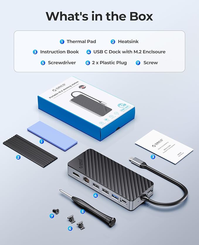 ORICO USB-C Hub with M.2 SSD Enclosure, 8-in-1 USB C Docking Station Fits M.2 NVMe/SATA SSD, 10Gbps, 4K@60Hz HDMI, 100W PD, Ethernet - OM28PR