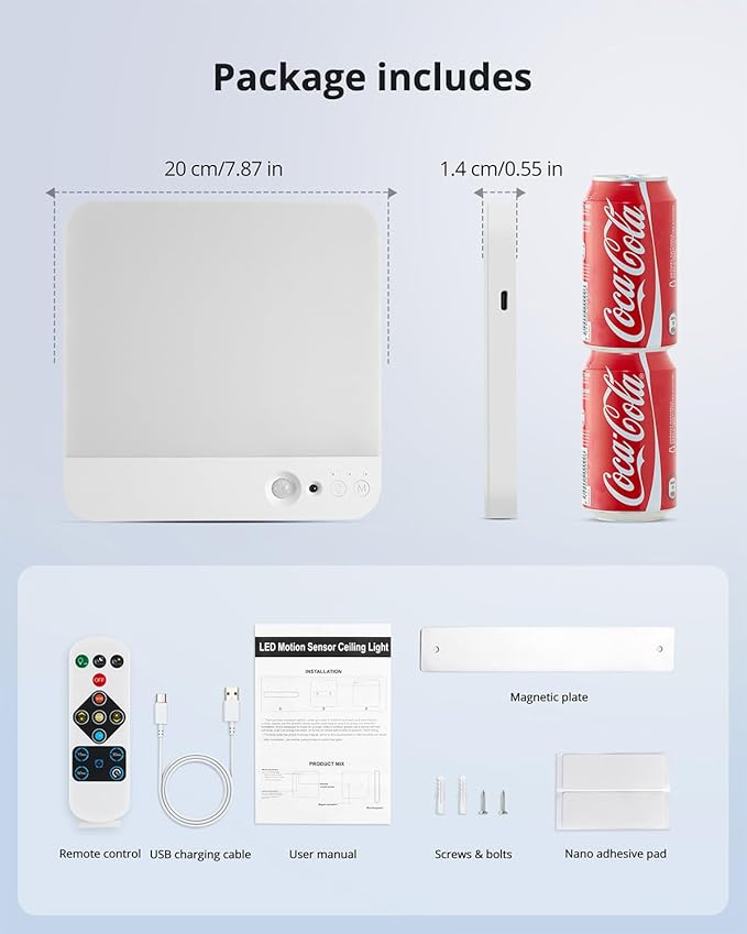 Combuh Battery Operated Ceiling Light, Rechargeable Motion Sensor Lighting with Remote, 3 Colors Waterproof Magnetic Cordless Lamp for Closet, Shower, Pantry, Garage, Hallway, 7.87Inch, Square