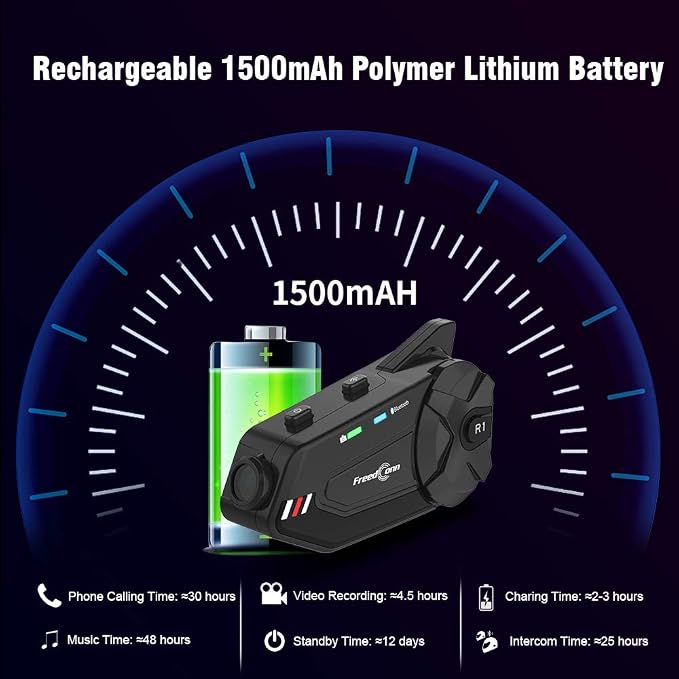 FreedConn Motorcycle Helmet Headset with Camera R1plus Bluetooth Intercom 1000M 6 Riders Waterproof Wireless FM Radio Communication Systems for Most Helmets