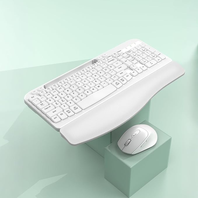 Wireless Keyboard and Mouse Combo, Full-Sized Ergonomic Wave Keys Keyboard with Memory Foam Wrist Rest & Phone Holder, 2.4G Quiet Keyboard Mouse Work Setup for PC Laptop, Office or Home (White)