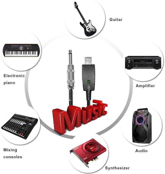 USB Guitar Cable Connect Guitar to Pc for Musical Instruments USB Interface Male to 6.35mm 1/4" Ts Electric Guitar Connector Instrument Cable for Recording 2.8m/9.2ft