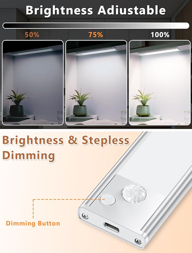Under Cabinet Motion Sensor Lighting: 8 Inch Dimmable Rechargeable Lights Indoor - Battery Operated Lights - Undercabinet Closet Light Magnetic Led Light for Kitchen Home Bathroom Counter 2 Pack