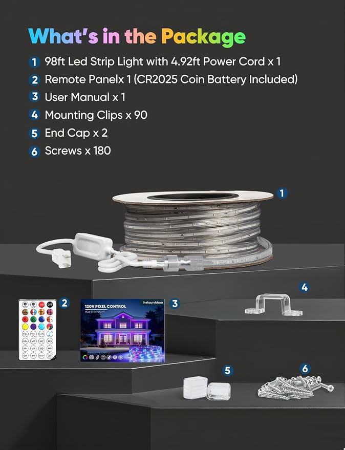 98FT Outdoor LED Strip Lights RGB+IC with Warm&Cool White, ETL Listed Music Sync Light Strip AC 120V, IP65 Waterproof and Connectable, for Party Festival Eave Porch Patio Every Day Decor