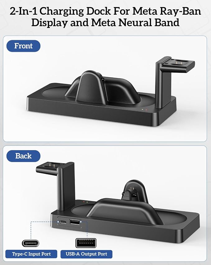Charging Dock for Meta RayBan Display&Neural Band Smart Glasses Accessories | 3-in-1 Dock, One-stop Charging. Smart chip + Fast charging. Dual-Color LED Status. Contact Charging. Drop & Charge