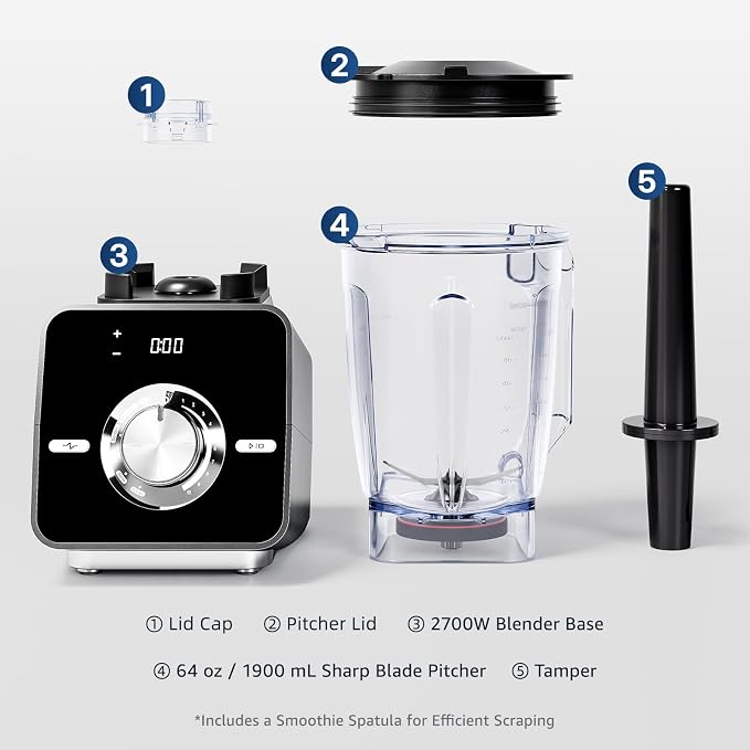 Home Blender, 2700W High-Speed Blender for Ice Crushing Power, Stainless Steel Blades, Kitchen Timer, 10 Speeds, 6 Programs for Smoothies, Frozen Drinks, Self-Cleaning, 64oz Bulk Production
