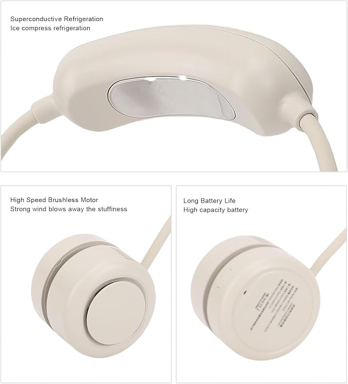 Portable Cooling Neck Fan, Hands Free Wearable Bladeless Fan with 1200mAhx2 Battery, 3 Speeds Quiet Operation, Foldable Hanging Neck Fan for Travel, Office, Outdoor - Beige