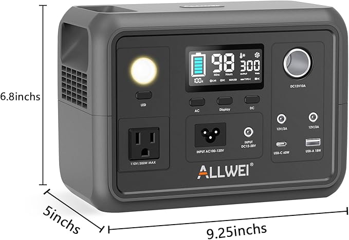 ALLWEI Portable Power Station 300W, 256Wh Solar Generator with 110V Pure Sine Wave AC Outlet,6 Output Ports,Backup LiFePO4 Battery Generator for Camping Outdoor Emergency Home (Solar Panel Optional)