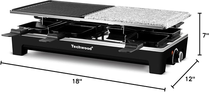 Raclette Grill, Techwood Electric Indoor Grill with 2 Reversible Non-stick Grill Griddle Plates, 1 Stone Grill Plate, 1500W Fast Heating with 8 Cheese Pans, Ideal for Parties and Family Fun, Black
