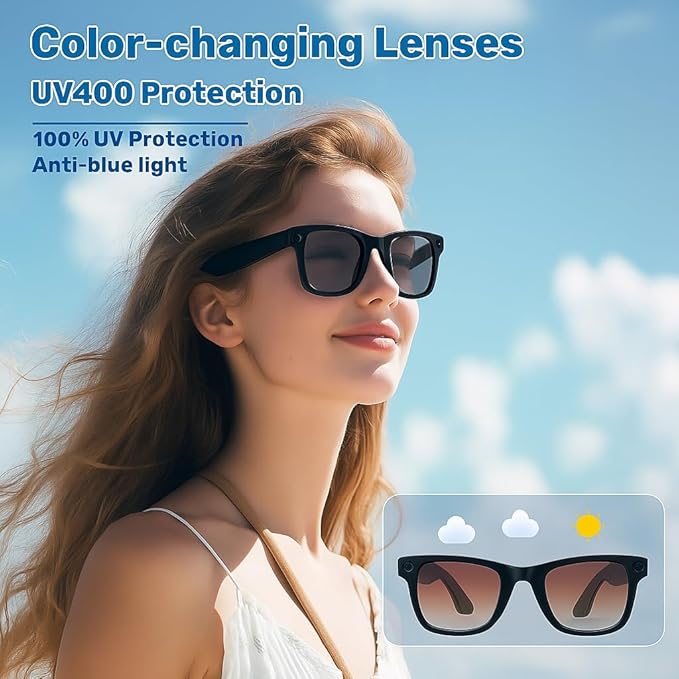 TREEFIA AI Smart Glasses with 1080P HD Camera, AI Real-Time Translation, Bluetooth Audio – Smart Glasses with Camera, Hands-Free Video Recorder for Travel, Sports, Outdoor Use (E03S Black)