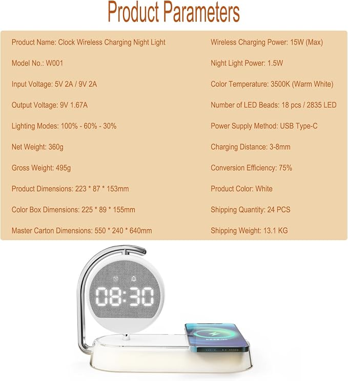 3-in-1 Wireless Charger with Digital Clock Display, 15W Fast Charging Station for Phone and Earbuds, Multi-Protection Charging Stand with 3-Level Night Light and Alarm Function, W001 White.