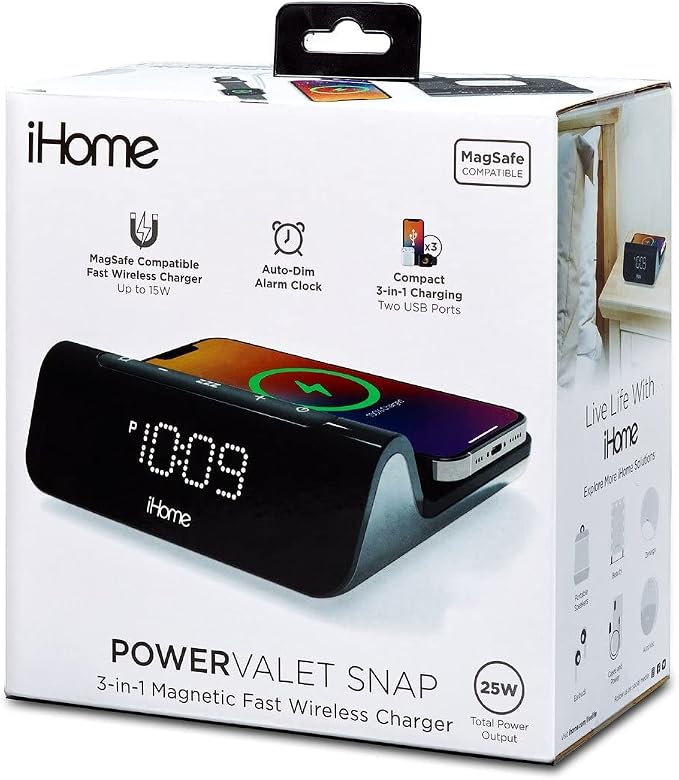 iHome 3-in-1 Magnetic Fast Wireless Charging Clock for Magsafe Enabled Devices, USB-C and USB-A Charging, 25W Total Power Output (iW23)