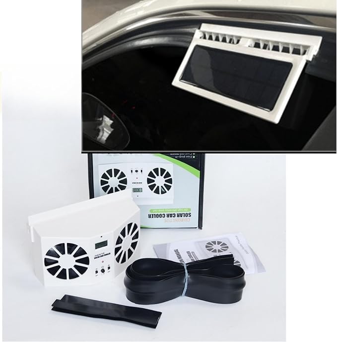 Solar Powered Car Fan, Window Exhaust, Air Vent Radiator, Energy Cooling for Car Backseat or Frontseat, Vehicle Ventilation Fan, White