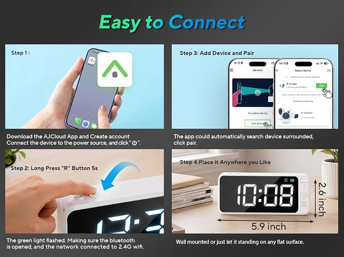 Hidden Camera Magnetic Clock 4K WiFi Indoor Camera, Small Nanny Cam with Long Battery Life, Motion Detection, Night Vision, and Remote Live Stream with App