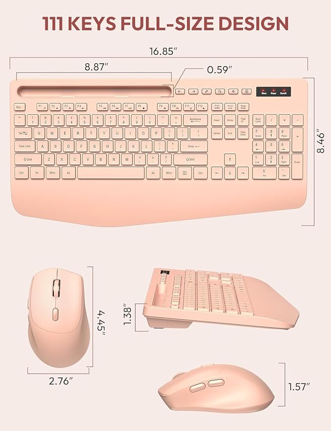 SABLUTE Wireless Keyboard and Mouse, Wrist Rest, Phone Holder, Batteries Included, 2.4G Lag-Free Ergonomic Keyboards Mouse Combo, Silent Cordless Set for Computer, Laptop, Mac, Windows (No Backlit)
