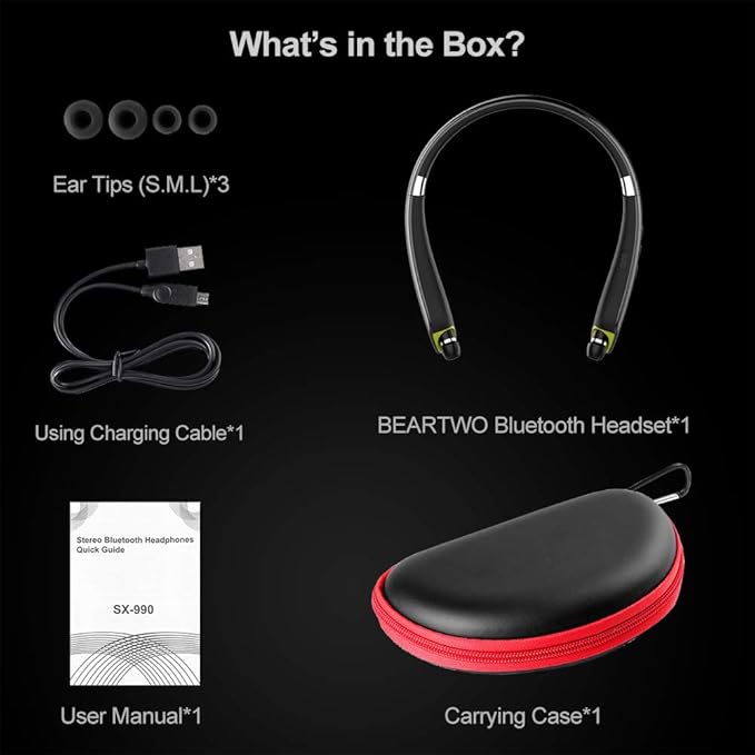 BEARTWO Bluetooth Headphones, Upgraded Foldable Wireless Neckband Headset with Retractable Earbuds, Noise Cancelling Stereo Earphones with Mic for Workout, Running, Driving (with Carry Case)