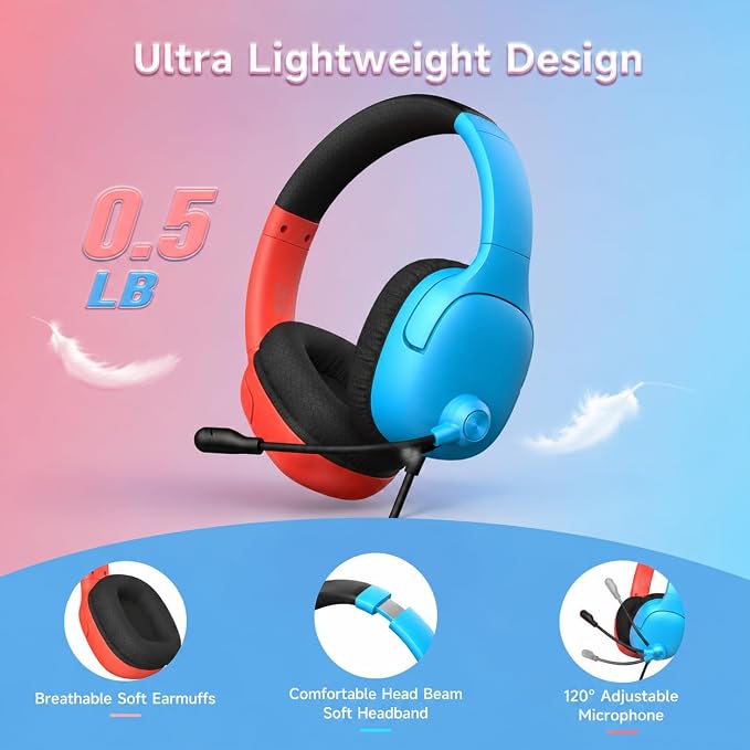 AOC Gaming Headset for Nintendo Switch 2/OLED/Lite, Wired Gaming Headphones with Mic, 3.5mm Stereo Gaming Headset with Noise Cancelling Microphone for PS5, PC, Fortnite(Red/Blue)