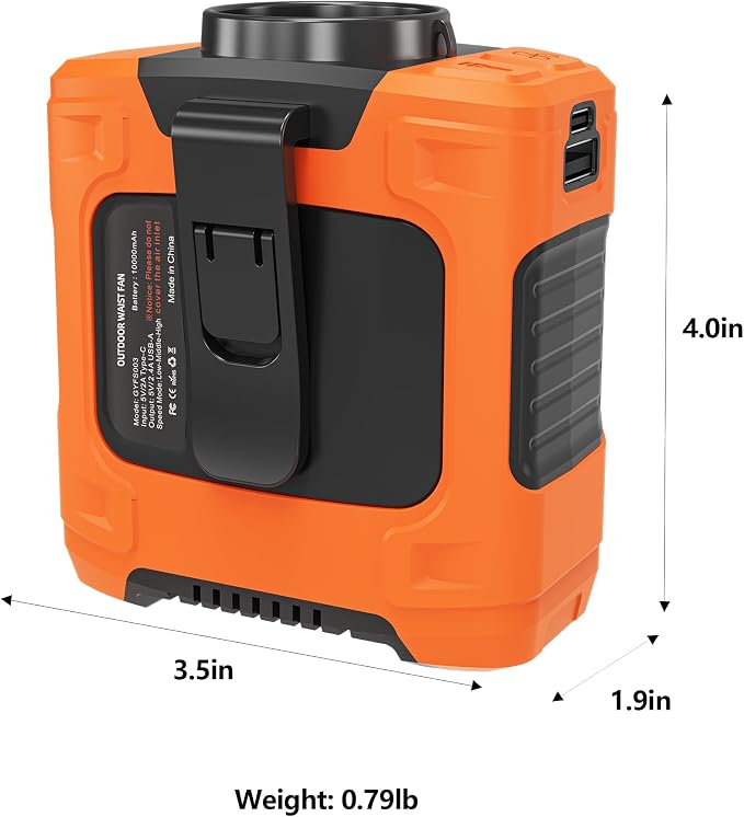 AMKEN Waist Fan, 10000mAh Rechargeable Belt Clip Fan, 24H Runtime, 49ft/s Strong Airflow, 3-Speed 7-in-1 Hands-Free Wearable with LED SOS Warning Light for Jobsite, Warehouse, Camping, Outdoor Work