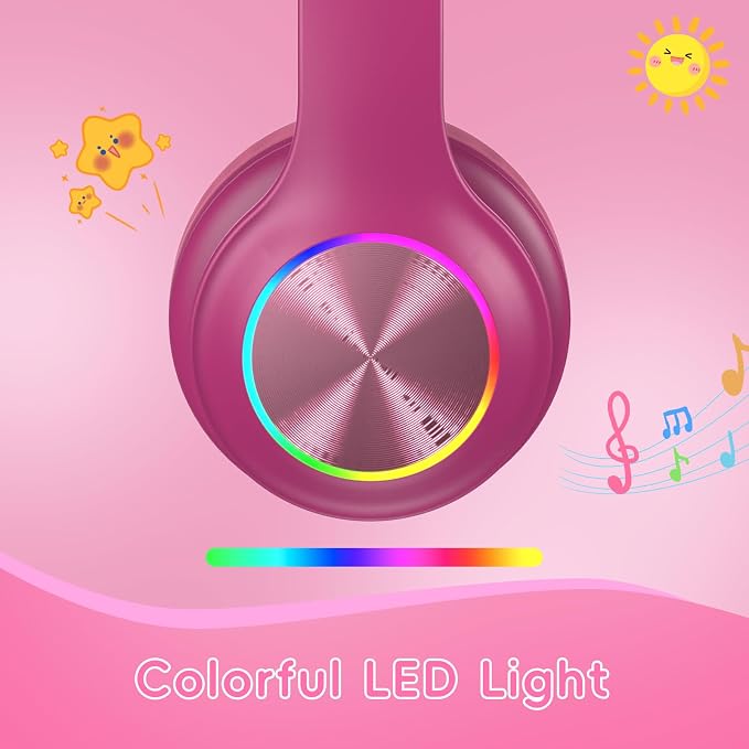 Candy Bila Kids Bluetooth 6.0 Headphones with LED Light, 85Hours Playtimes, Type-C Fast Charging, 85/94dB Volume Limited, Comfort Wireless Headphones with Built-in Mic, Wired & TF Card Mode, Hot Red