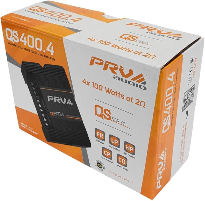 PRV Audio QS400.4 2 Ohm Mini Compact 4 Channel Car Audio Amplifier 4 x 100 Watts RMS at 2 Ohm - 400 Watt Amp Stereo 12 Volts Amp Class D Full Range Bridgeable