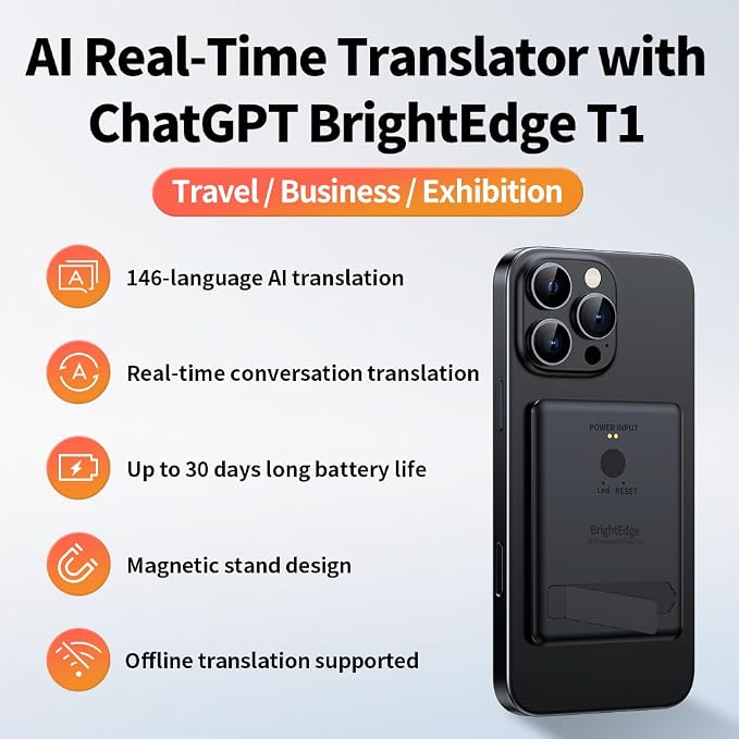 Portable AI Voice Translator Device, 146+ Languages Real-Time Two-Way Translator with Offline Support & Magnetic Stand, for Travel, Business & Language Learning