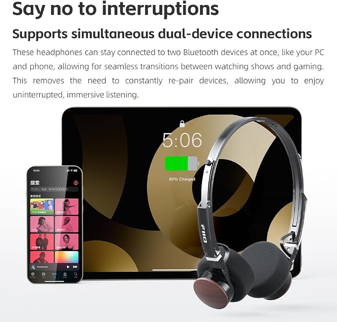 FiiO EH11 Retro On-Ear Bluetooth Headphones, LDAC Hi-Res Wireless, Lightweight 92g, 30H Playtime, Dual Device Connection, App EQ & Gaming Mode, Built-in Mic, Transparent Black