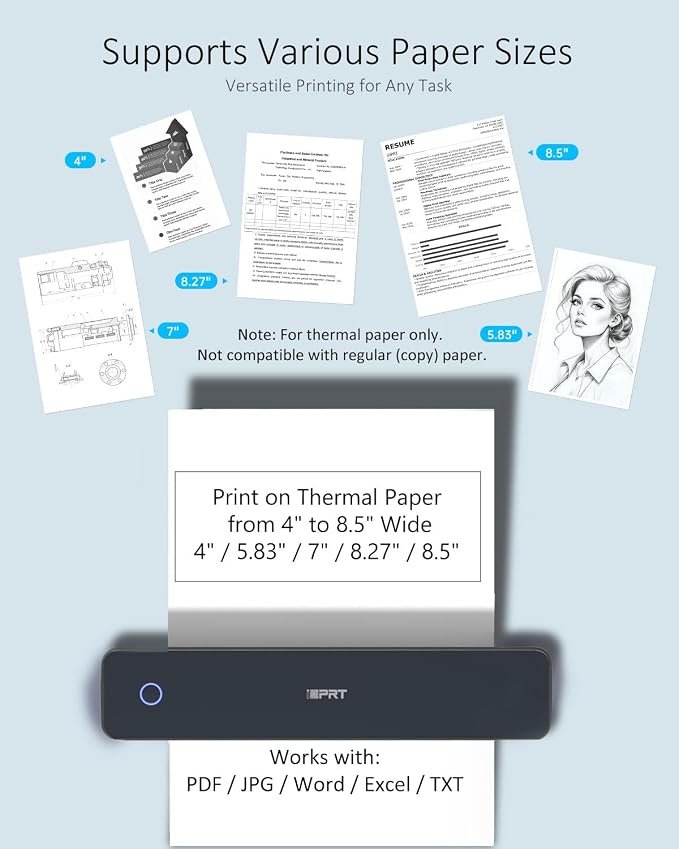 Inkless Portable Printer for Travel, Wireless Thermal Printer with Case & 200pcs Paper Supports 8.5 x 11" US Letter, A4, Small Bluetooth Printers for Phone Laptop Home Car School, 610Pro 300DPI Black