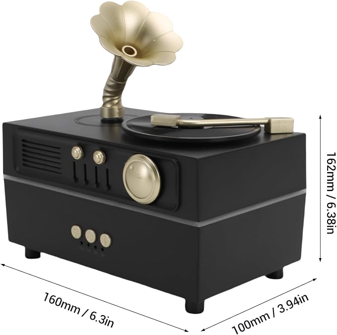 Retro Aromatherapy Humidifier, Unique USB Bluetooth Gramophone Style Vintage Oil Diffuser Cool Mist Machine for Home Relaxation and Bedroom Decor