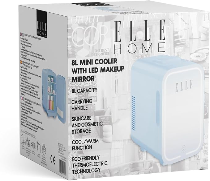 ELLE 8L Mini Cooler Fridge with LED Makeup Mirror for Skincare & Cosmetic Storage Cooler & Warmer Removable Shelf Carrying Handle AC DC Power Options Small Refrigerator for Bedroom Car Office Blue