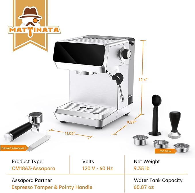 MAttinata Espresso Machine 20 Bar, Espresso Coffee Maker with Professional Milk Frother Steam Wand for Cappuccino & Latte, 60oz Removable Water Tank for Home,Stainless Steel