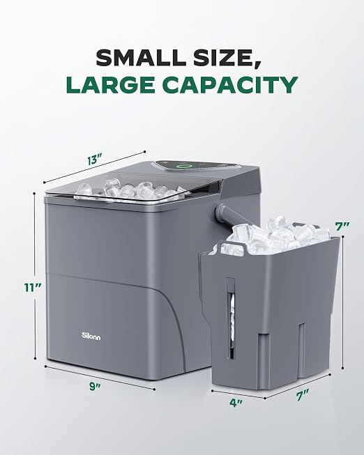 Silonn Countertop Ice Maker with Expanding 2.5L Ice Basket, 26.5lbs/24H, 9 Cubes in 6 Mins, Self-Cleaning Ice Maker with LED Touch Control, 2 Bullet Ice Sizes for Home, Kitchen, Office, Grey