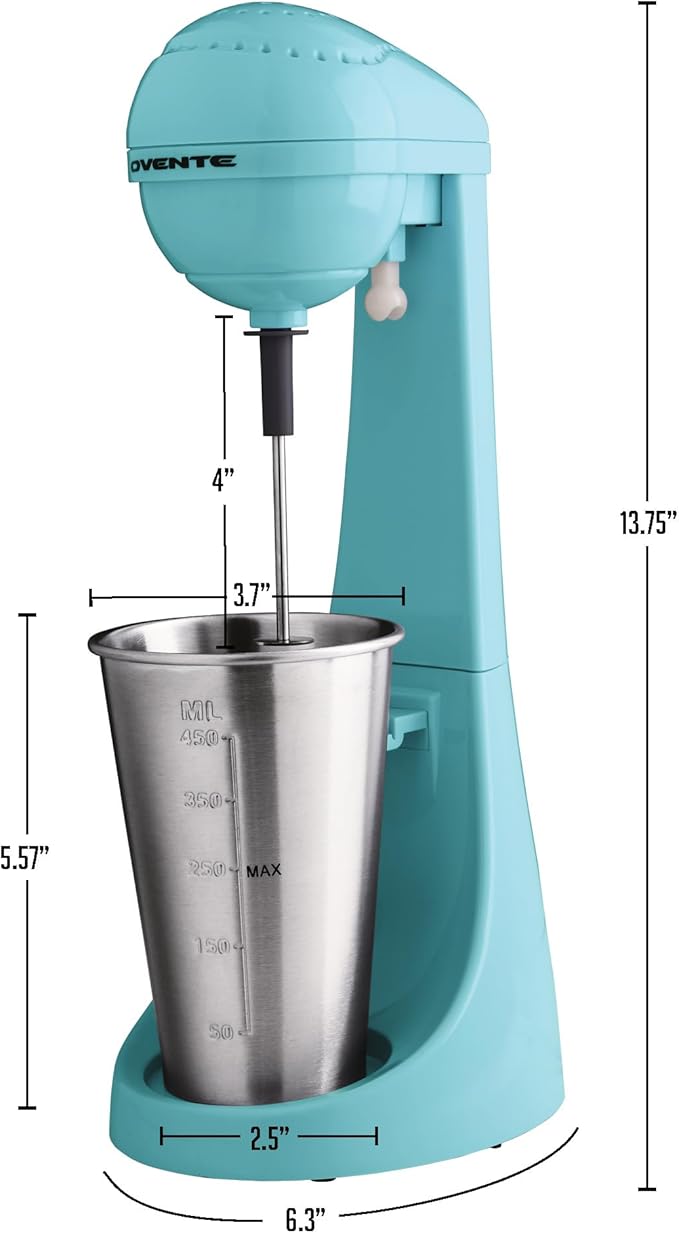 OVENTE Classic Milkshake Maker Machine with 2 Speed Setting, Safety Lock & 15.2 Ounce Stainless Steel Mixing Cup & Rod, Electric Drink Mixer Ideal for Malted Milk, Protein Shakes & More, Blue MS2070BL