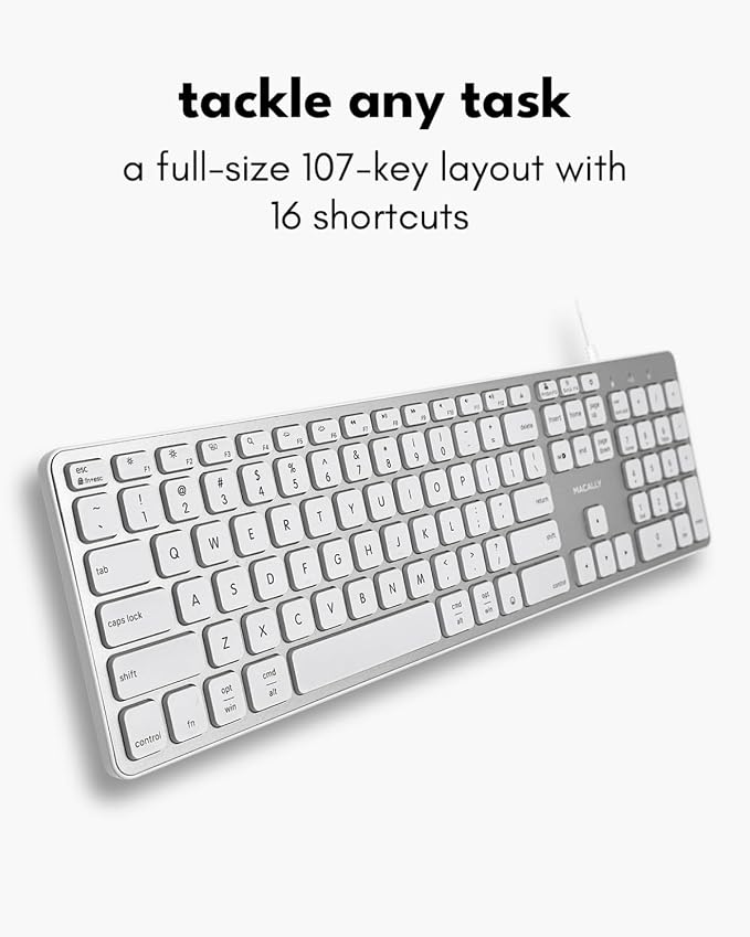 Macally Wired Keyboard for Mac with USB Hub (2X USB-A / 1x USB-C) - Compatible Backlit Apple Keyboard with Dual Interface - Auto OS Detection for Mac, MacBook, iMac, PC, Android, iPad, iOS - Silver