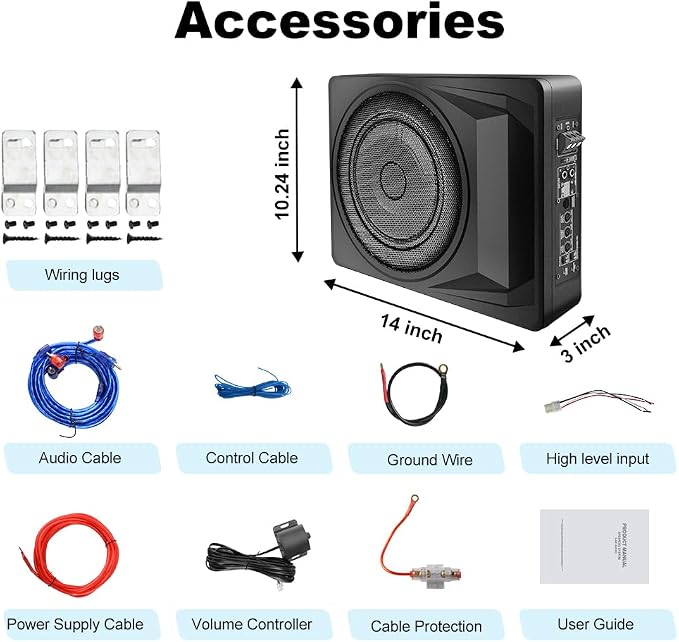 litillbuly 1200W Car Subwoofer,10 Inch Slim Under Seat Car Subwoofer and Amp Package Powered Subwoofer for Car/Truck, High/Low Level Inputs Remote Control Enhanced Bass,Perfect for Truck/SUV/Jeep/MPV