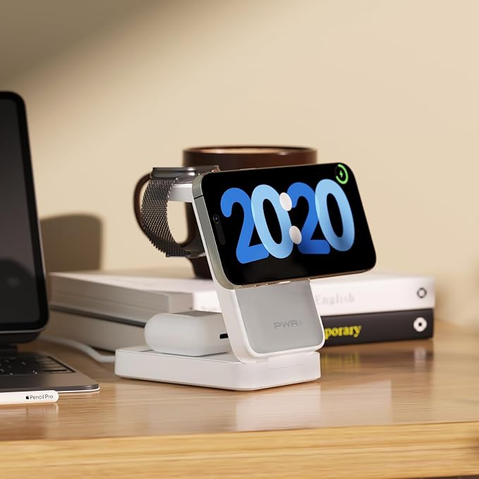 PWR Fold 2.0 4-in-1 Charging Station for Multiple Devices - Portable Wireless Charging Station Compatible with Apple Watch, iPhone, Samsung, Airpods and Qi Wireless Devices (White)
