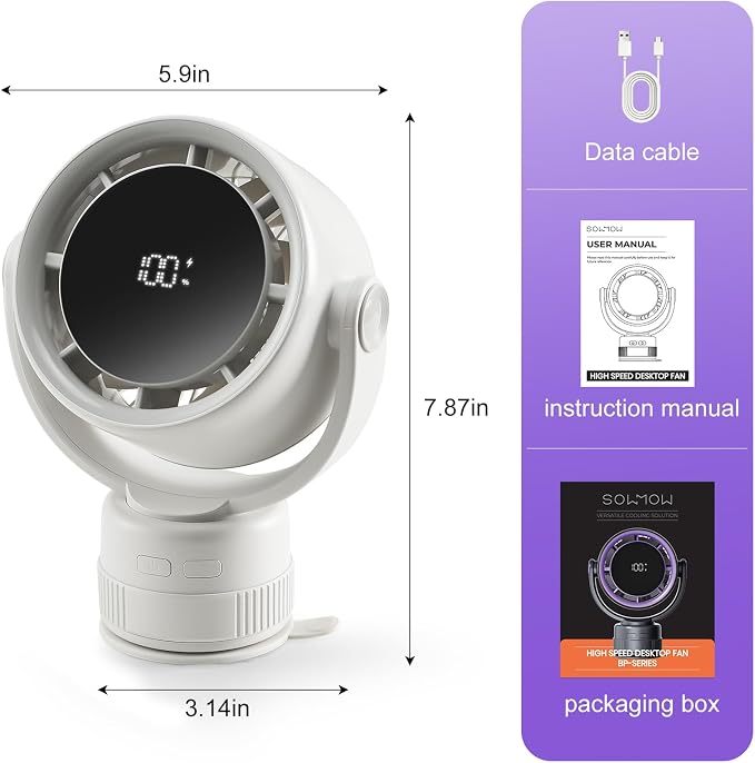 Desk Fan - 120° Oscillating Portable Table Fan, Rechargeable Wall Mount Air Circulator with Twist-Lock Suction Cup for Kitchen, Bathroom, Office and Travel, White