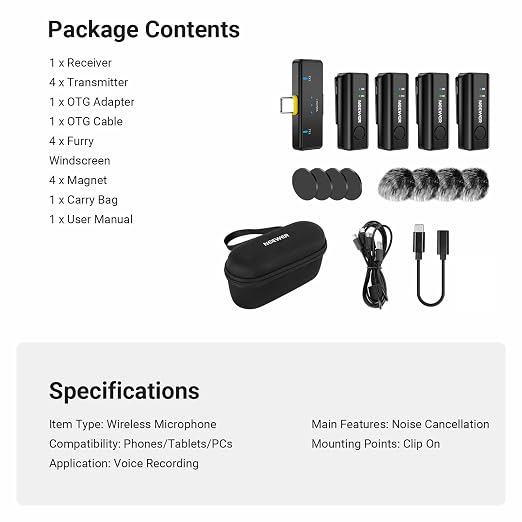 NEEWER KM23C AI Wireless Lavalier Microphone Compatible with iPhone Android Tablet PC Laptop, Omnidirectional 48K/24Bit 20-20KHZ AI Noise Cancellation Mute 70m Range 32h Total Battery (1x RX + 4X TX)